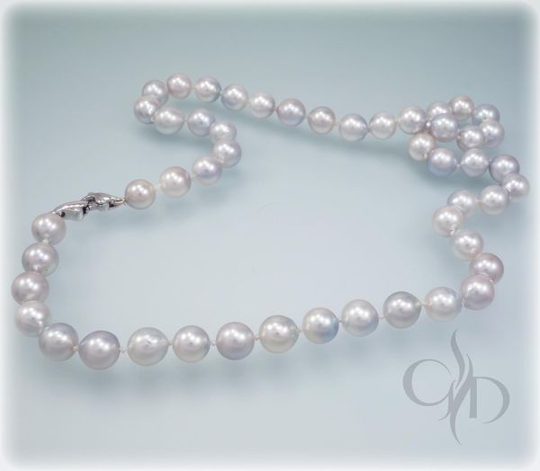 14k white gold and 6 mm freshwater grey pearl strand