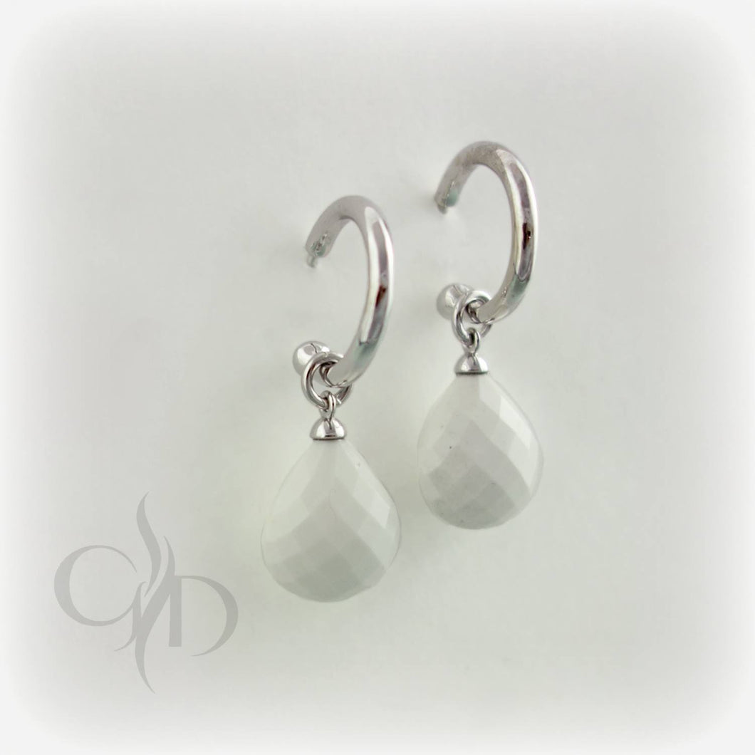 14K and 18K white gold crafted hoops with white agate briolettes
