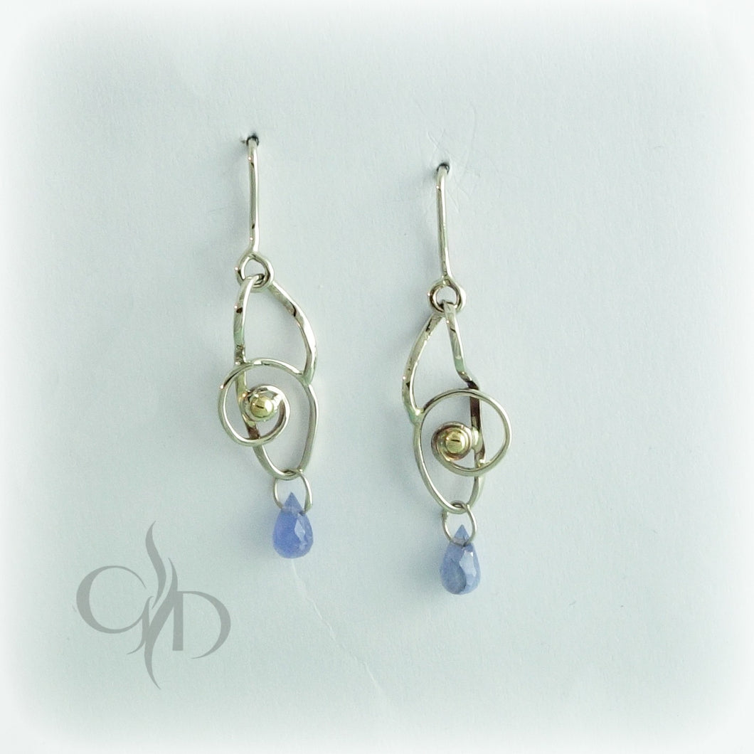 14K white and yellow gold sapphire and shell dangle earrings