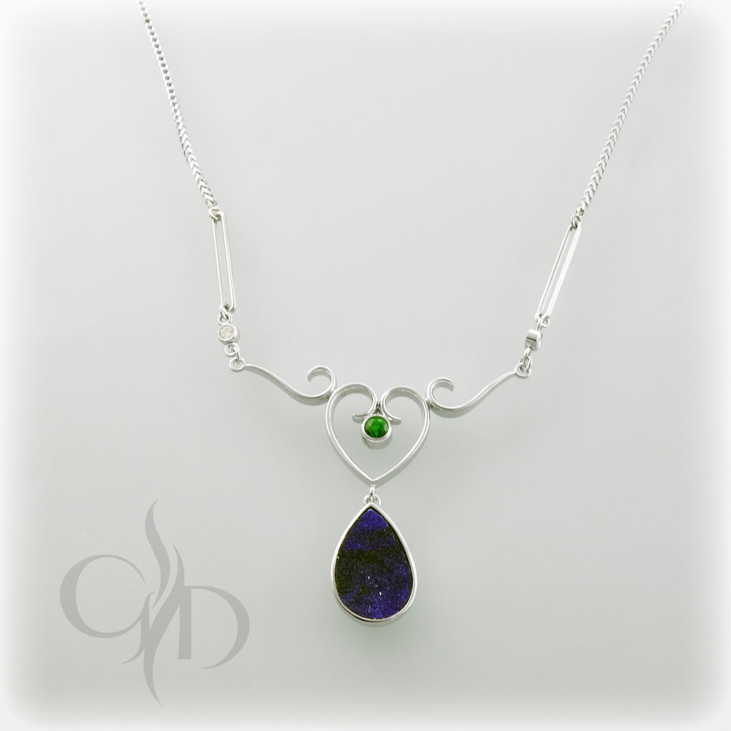 14k and 18k white gold pendant with .27 carat tsavorite garnet azurite druzy and .08 ctw diamonds with dedicated 14K white gold Franco chain