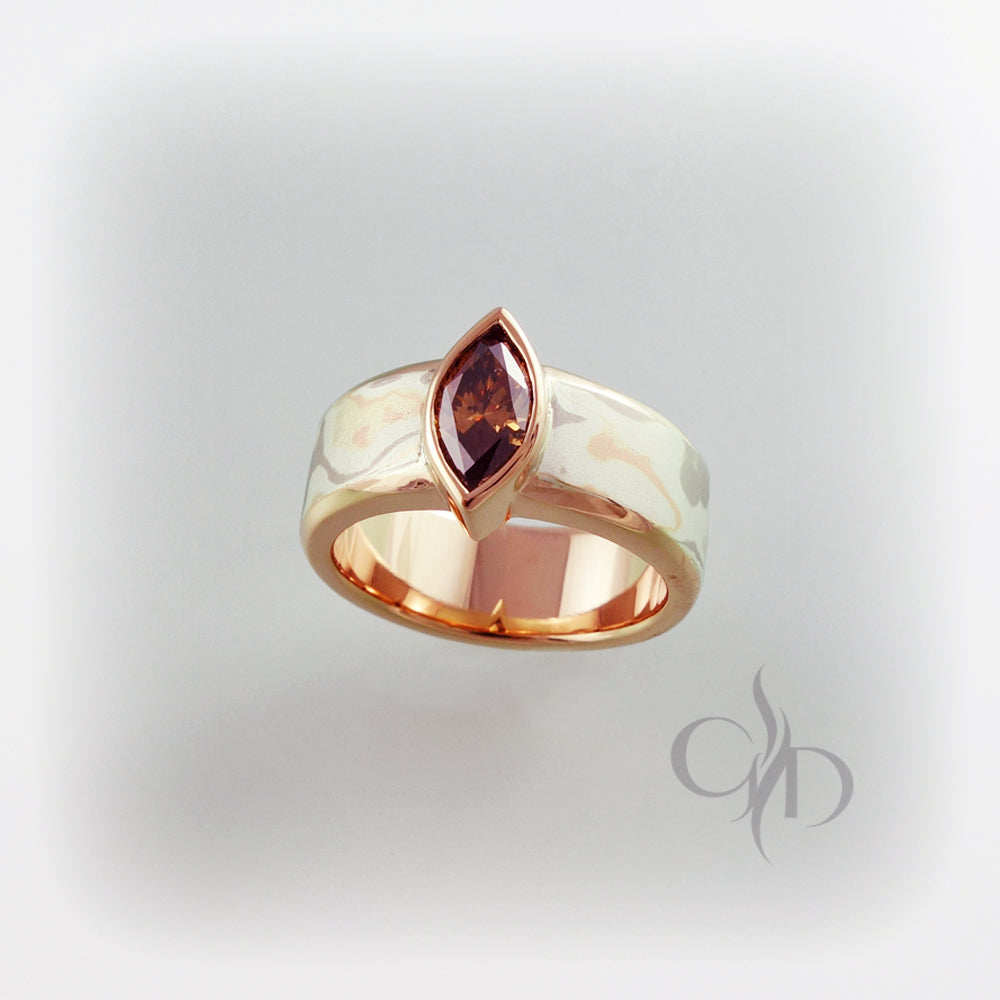 Mokume Gane in rose gold ring with cognac diamond