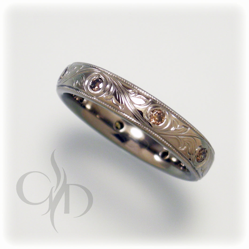 3mm hand engraved titanium band with cognac diamonds